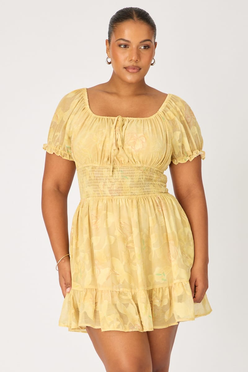 Yellow Floral Skater Dress Short Sleeve Ruched for YouandAll Fashion