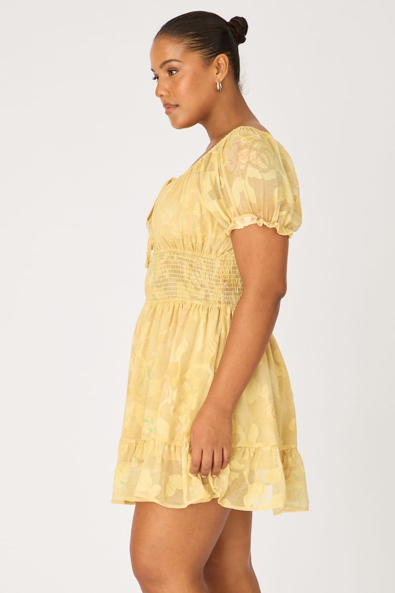 Yellow Floral Skater Dress Short Sleeve Ruched for YouandAll Fashion