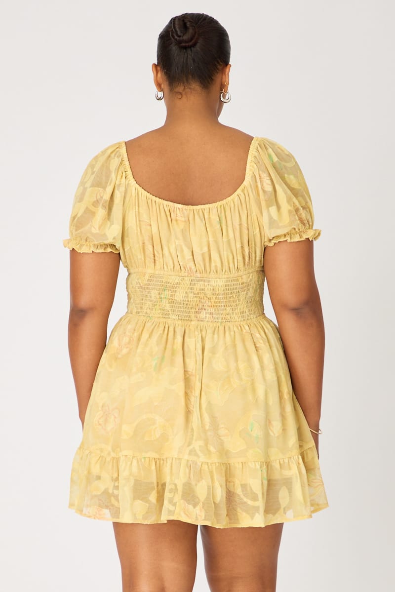Yellow Floral Skater Dress Short Sleeve Ruched for YouandAll Fashion