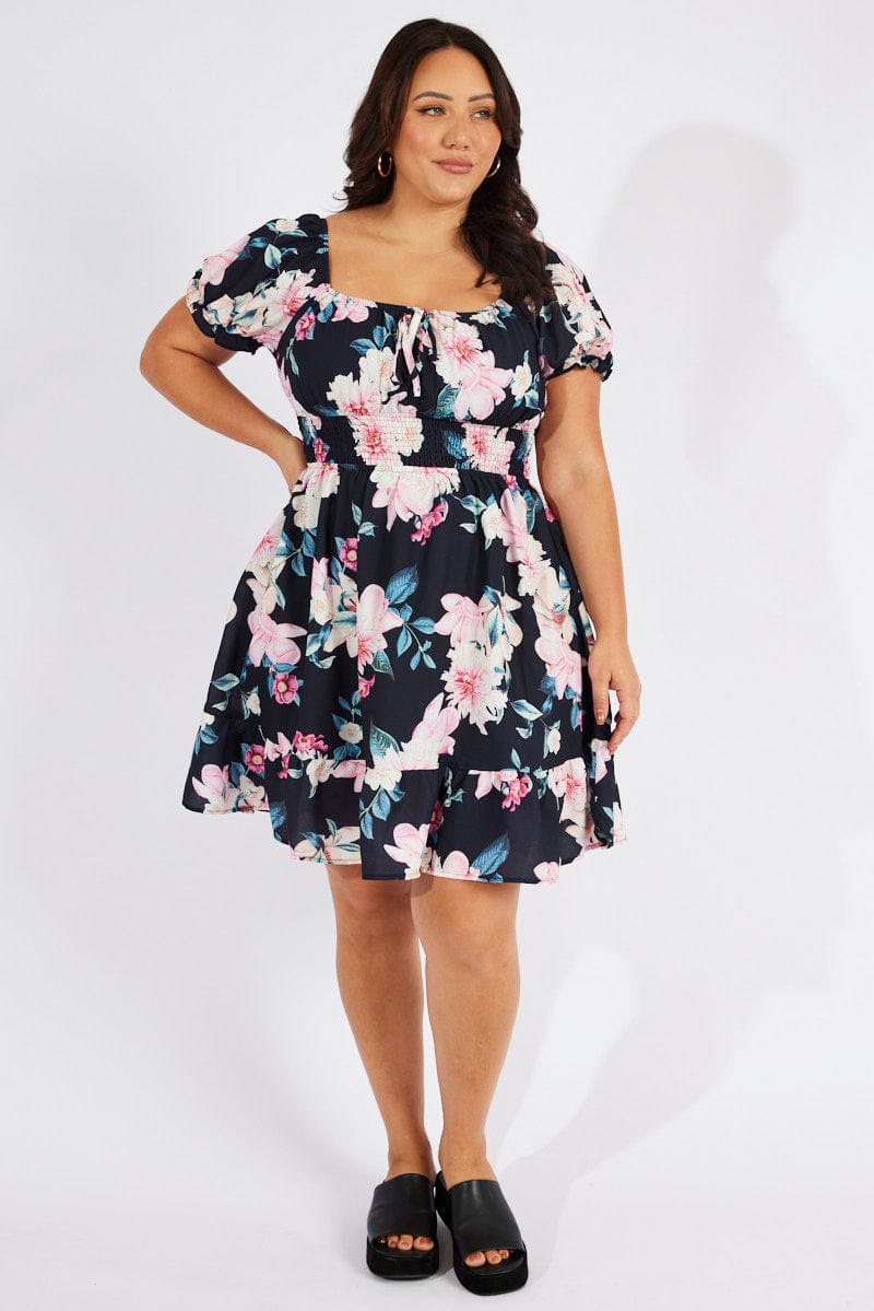 Black Floral Shirred Puff Sleeve Skater Dress for YouandAll Fashion