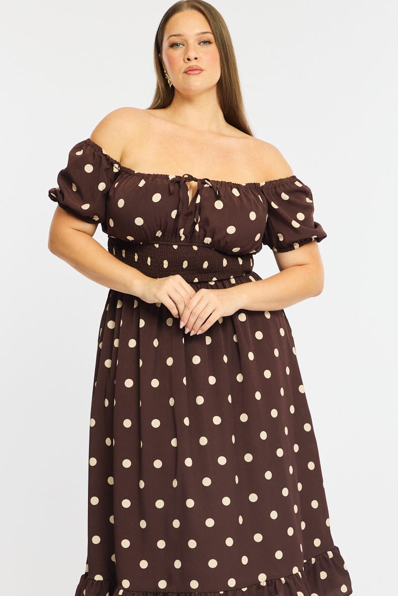 Brown Polka Dot Maxi Dress Short Sleeve Polka Dot for YouandAll Fashion