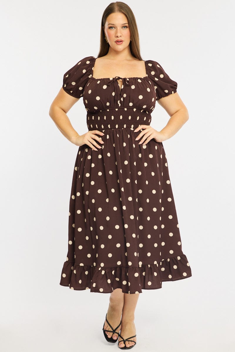 Brown Polka Dot Maxi Dress Short Sleeve Polka Dot for YouandAll Fashion