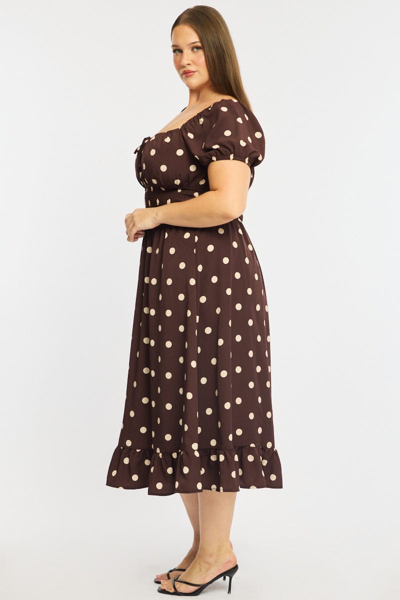 Brown Polka Dot Maxi Dress Short Sleeve Polka Dot for YouandAll Fashion