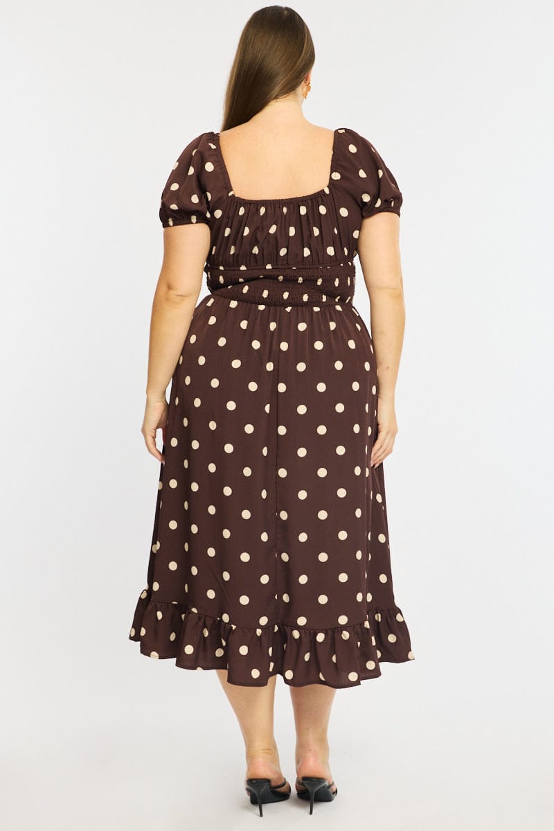 Brown Polka Dot Maxi Dress Short Sleeve Polka Dot for YouandAll Fashion