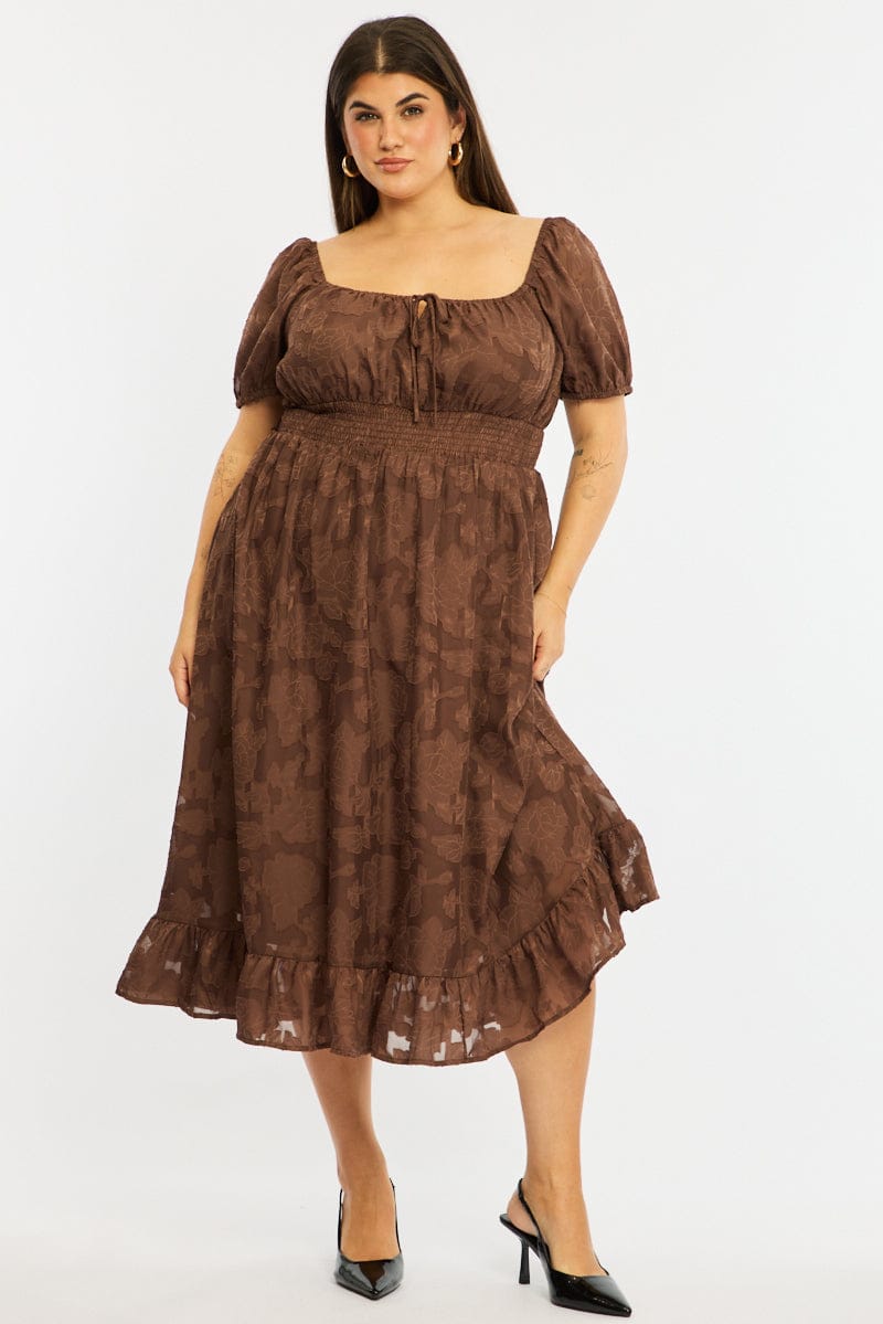 Brown Midi Dress Short Sleeve Jacquard for YouandAll Fashion