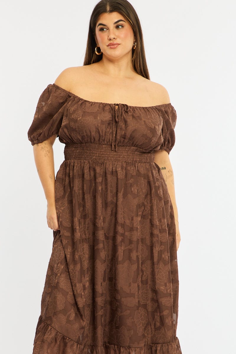Brown Midi Dress Short Sleeve Jacquard for YouandAll Fashion