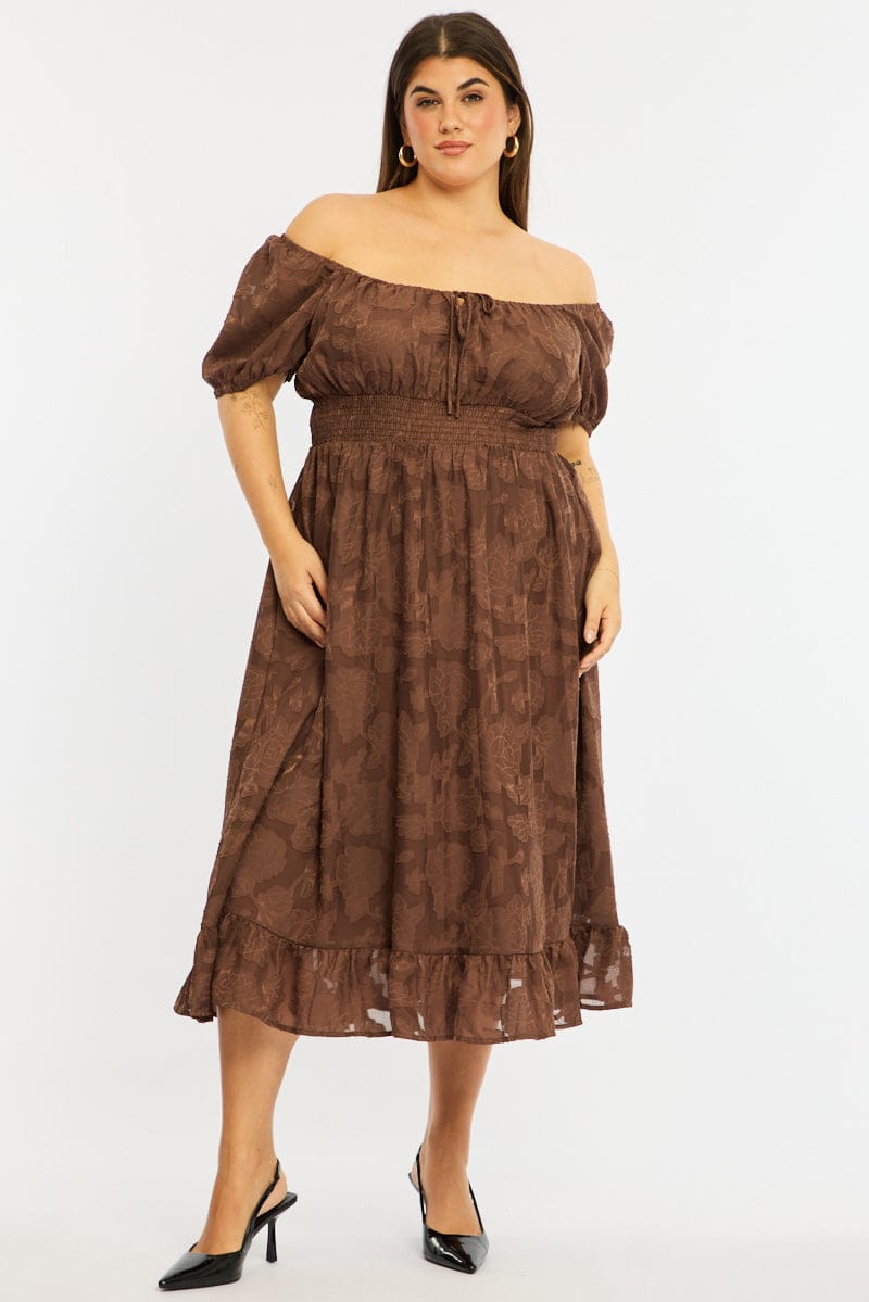 Brown Midi Dress Short Sleeve Jacquard for YouandAll Fashion