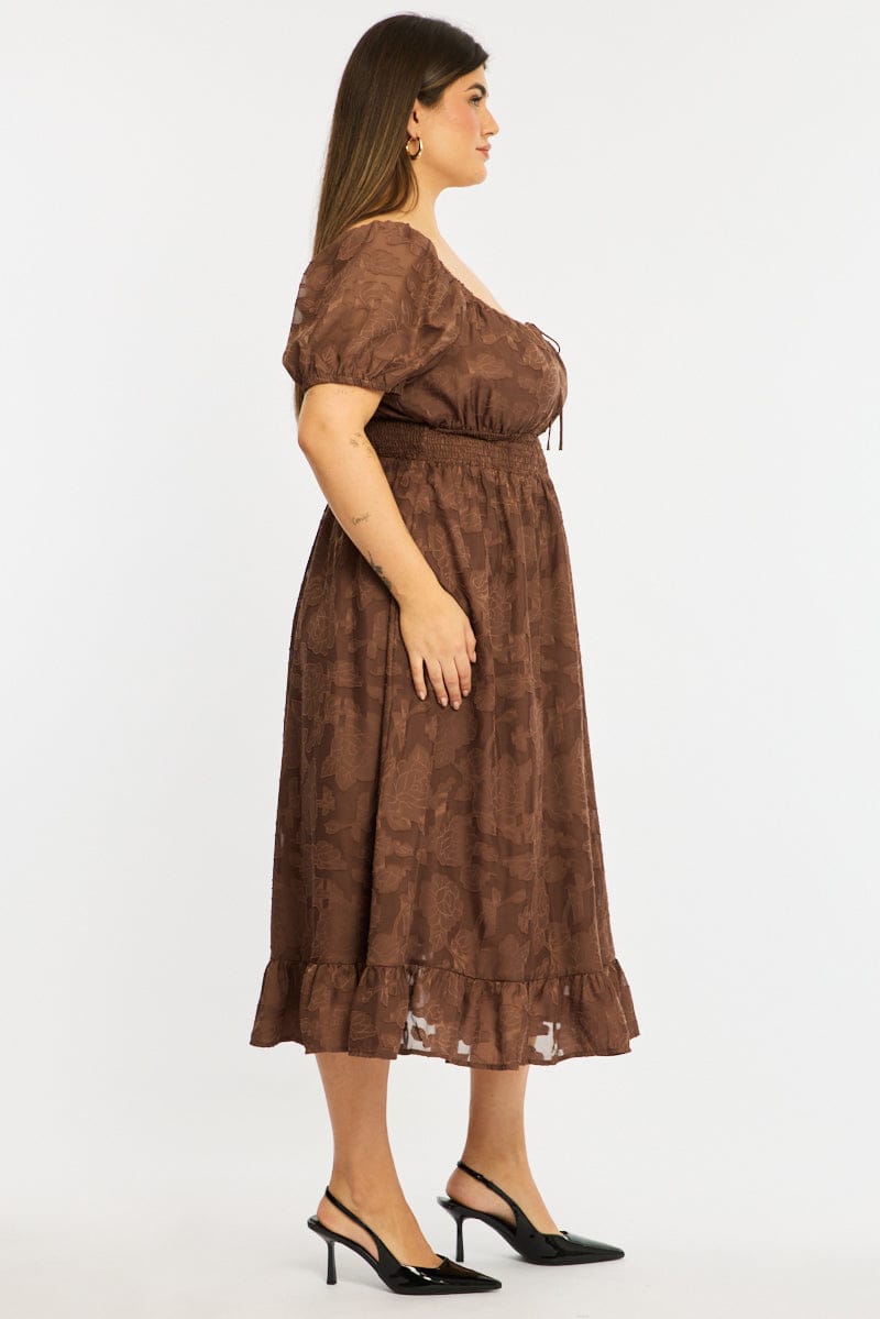 Brown Midi Dress Short Sleeve Jacquard for YouandAll Fashion