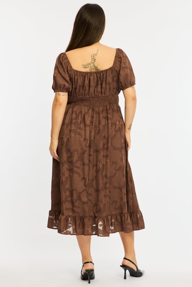 Brown Midi Dress Short Sleeve Jacquard for YouandAll Fashion