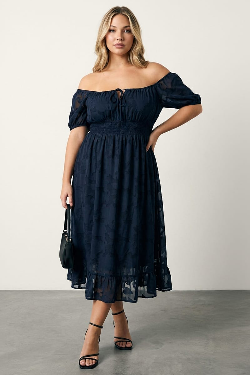 Blue Midi Dress Short Sleeve Jacquard for YouandAll Fashion