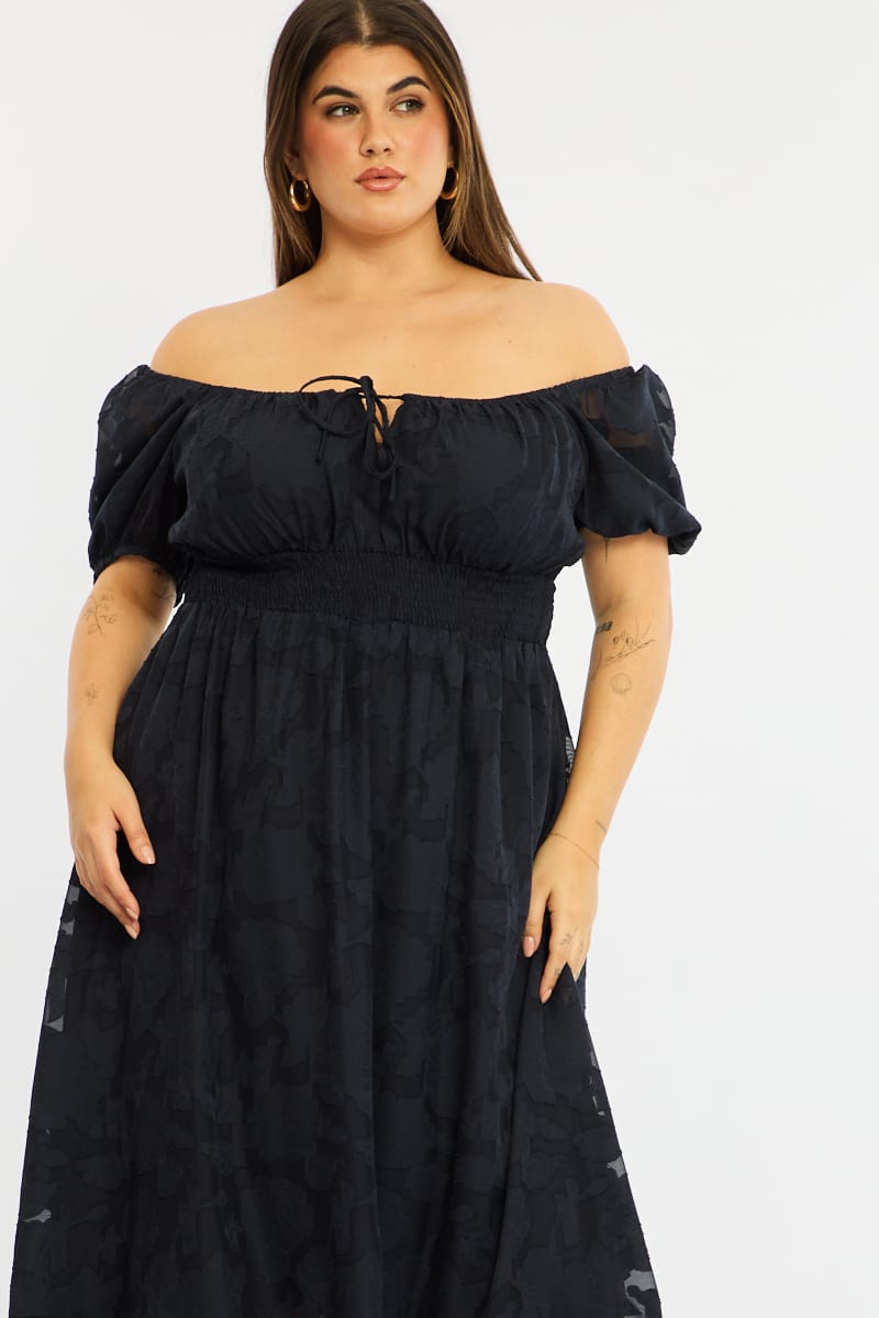 Blue Midi Dress Short Sleeve Jacquard for YouandAll Fashion