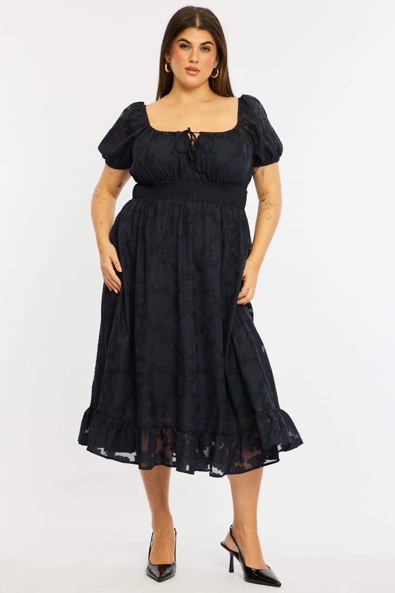 Blue Midi Dress Short Sleeve Jacquard for YouandAll Fashion