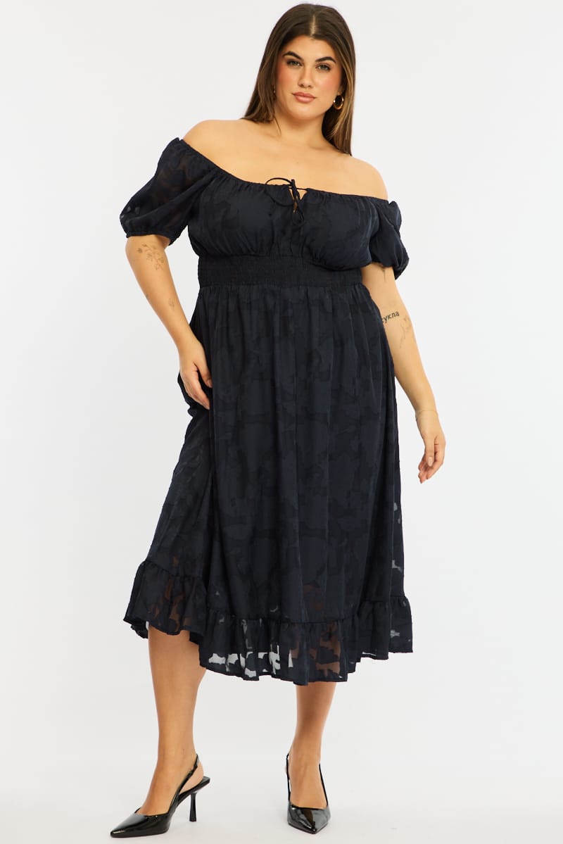 Blue Midi Dress Short Sleeve Jacquard for YouandAll Fashion