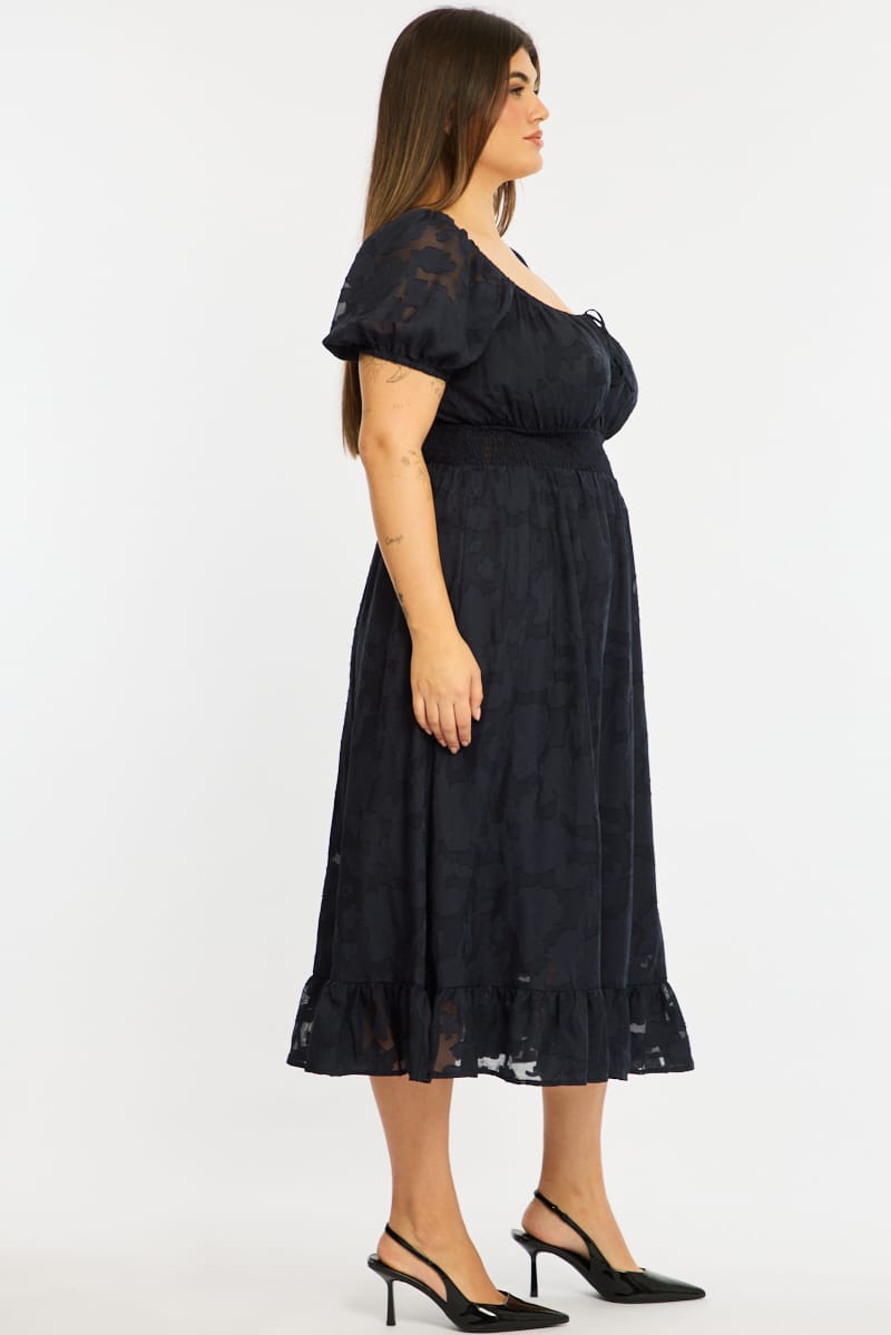 Blue Midi Dress Short Sleeve Jacquard for YouandAll Fashion