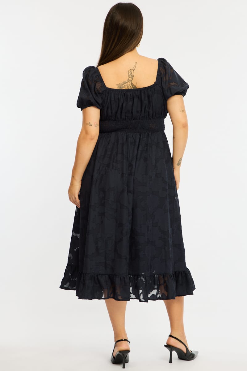 Blue Midi Dress Short Sleeve Jacquard for YouandAll Fashion