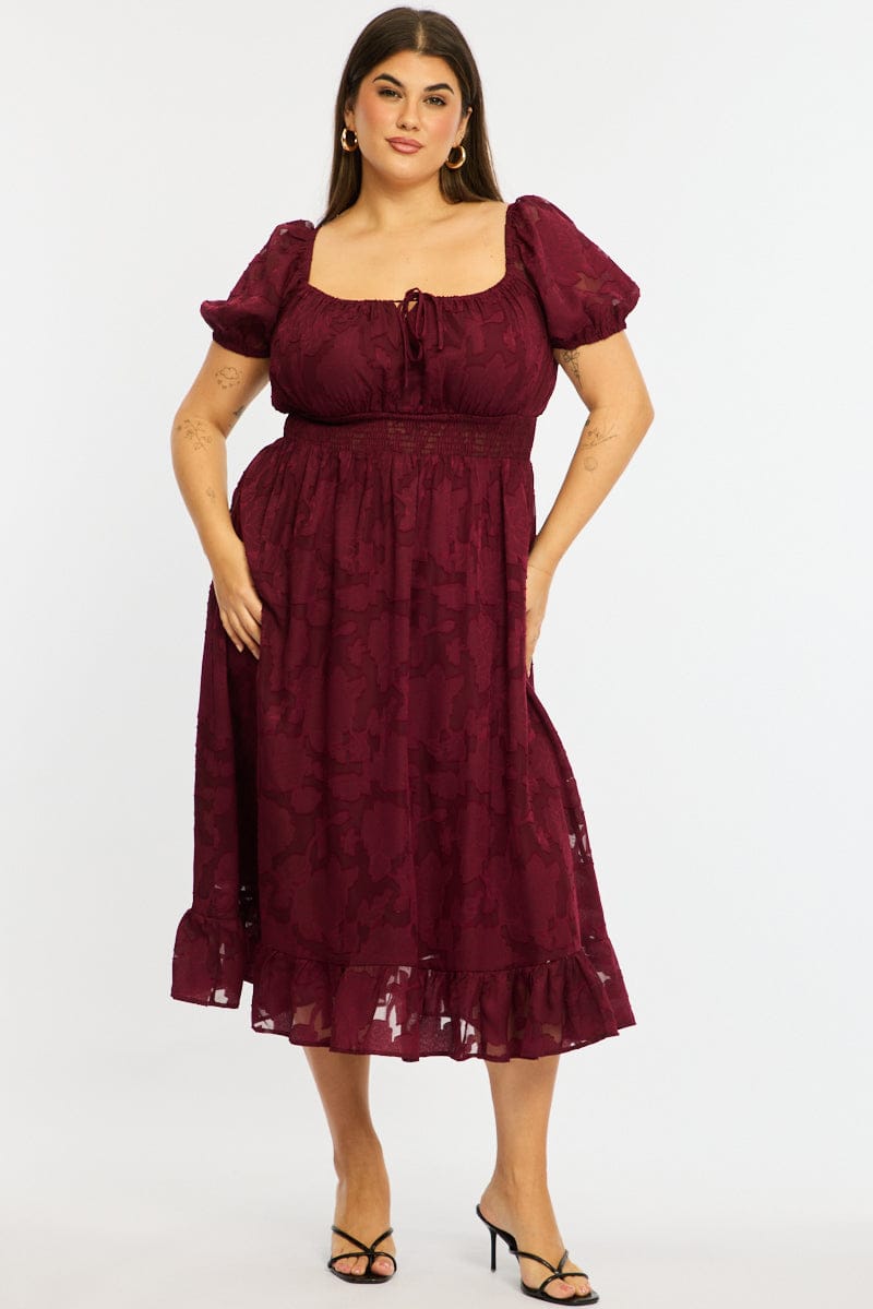Red Midi Dress Short Sleeve Jacquard for YouandAll Fashion