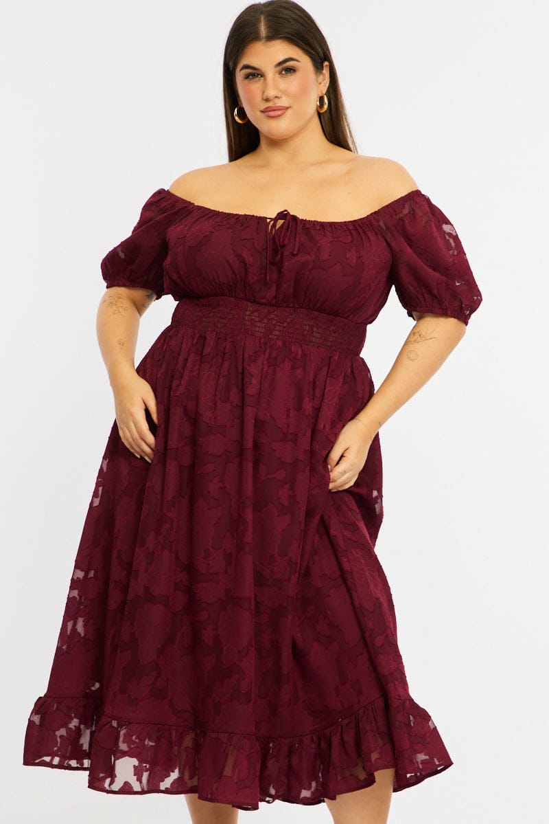 Red Midi Dress Short Sleeve Jacquard for YouandAll Fashion