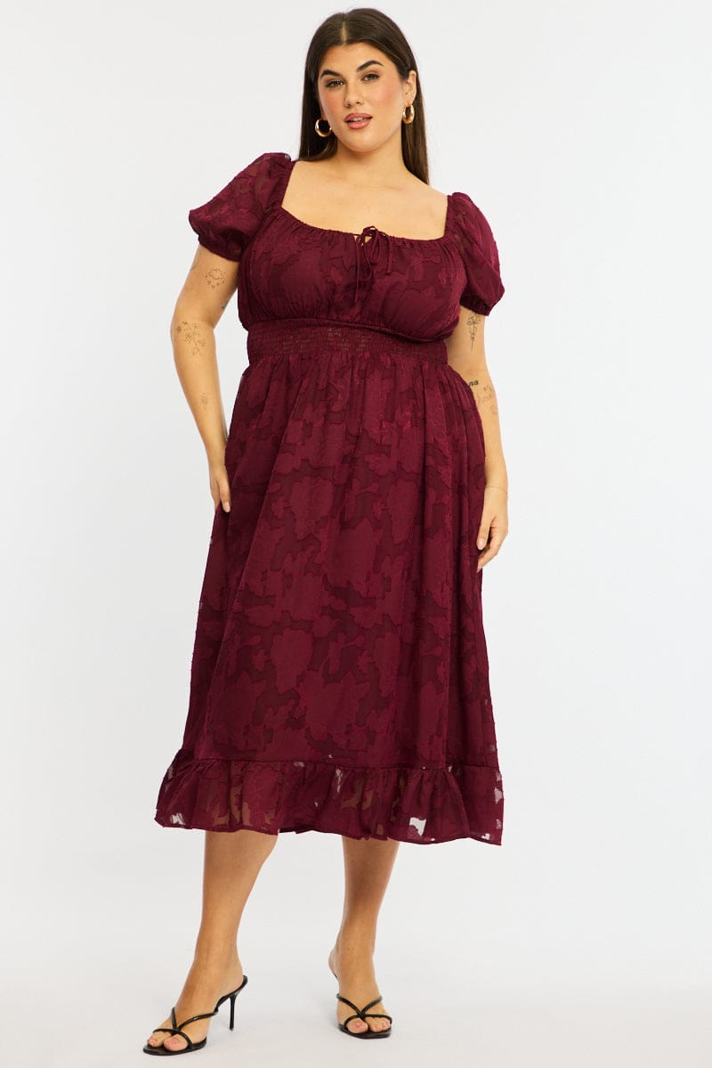 Red Midi Dress Short Sleeve Jacquard for YouandAll Fashion