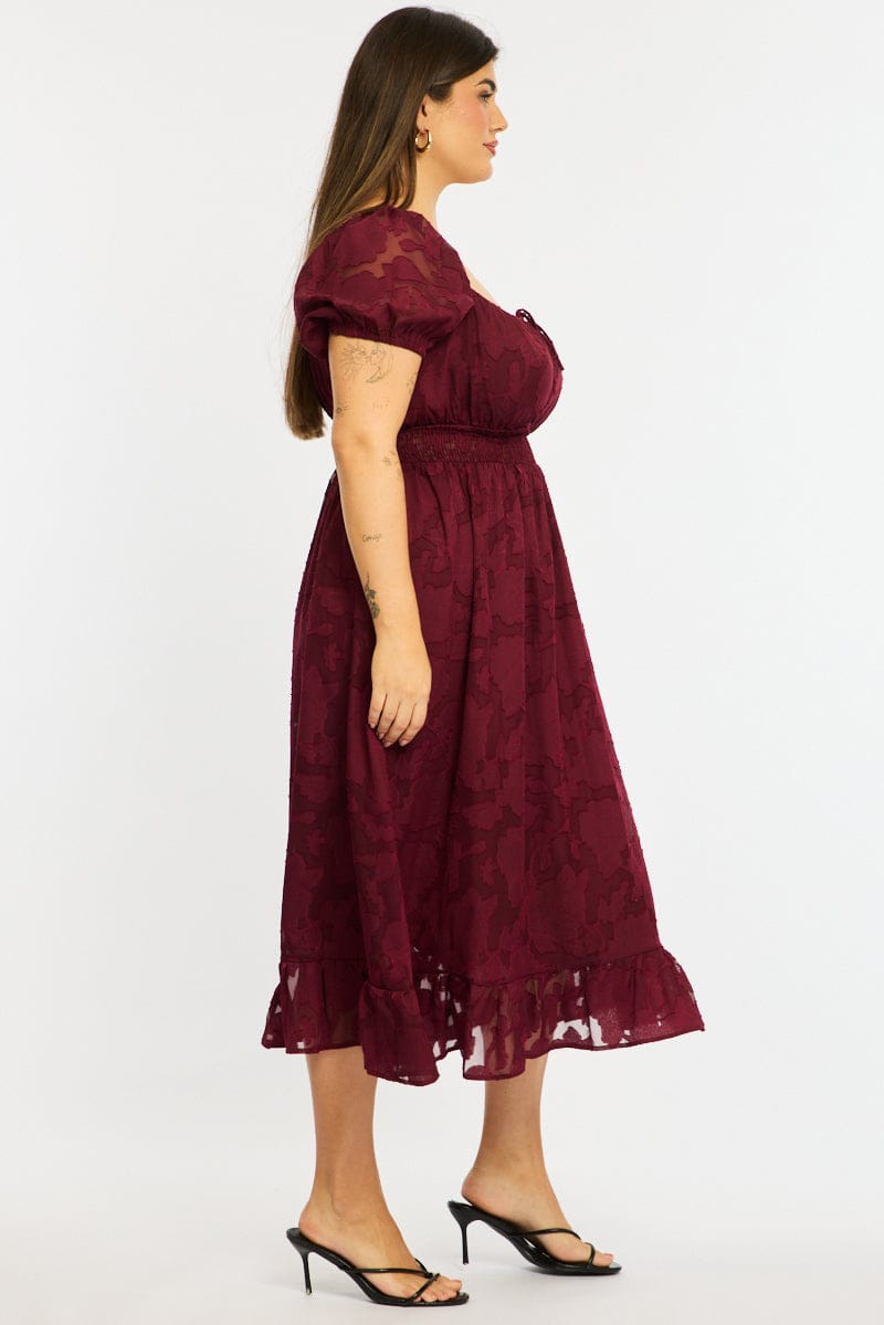 Red Midi Dress Short Sleeve Jacquard for YouandAll Fashion