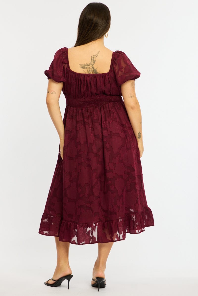 Red Midi Dress Short Sleeve Jacquard for YouandAll Fashion