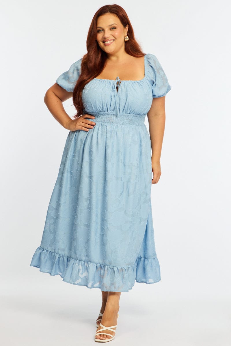 Blue Midi Dress Short Sleeve Jacquard for YouandAll Fashion
