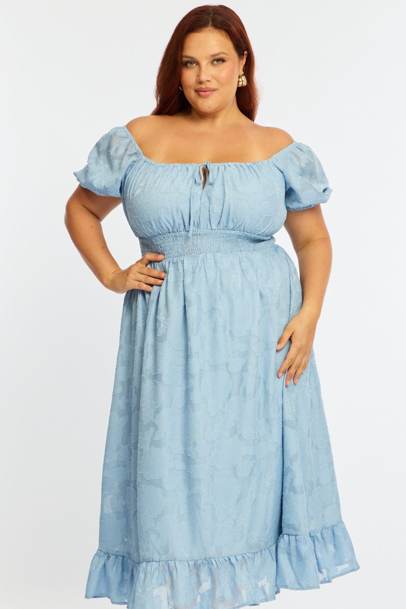 Blue Midi Dress Short Sleeve Jacquard for YouandAll Fashion