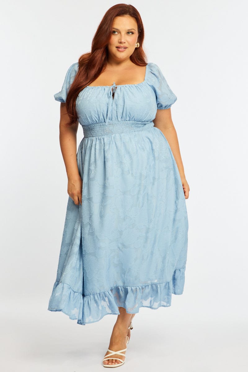 Blue Midi Dress Short Sleeve Jacquard for YouandAll Fashion