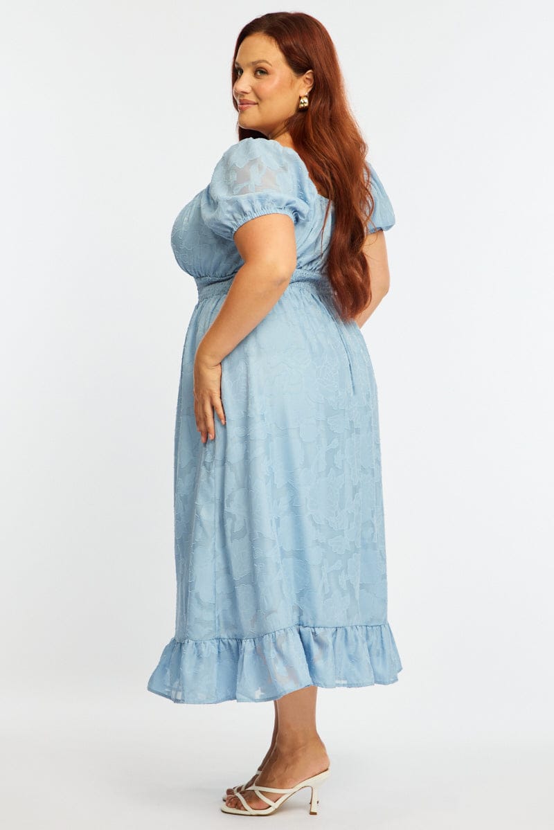 Blue Midi Dress Short Sleeve Jacquard for YouandAll Fashion