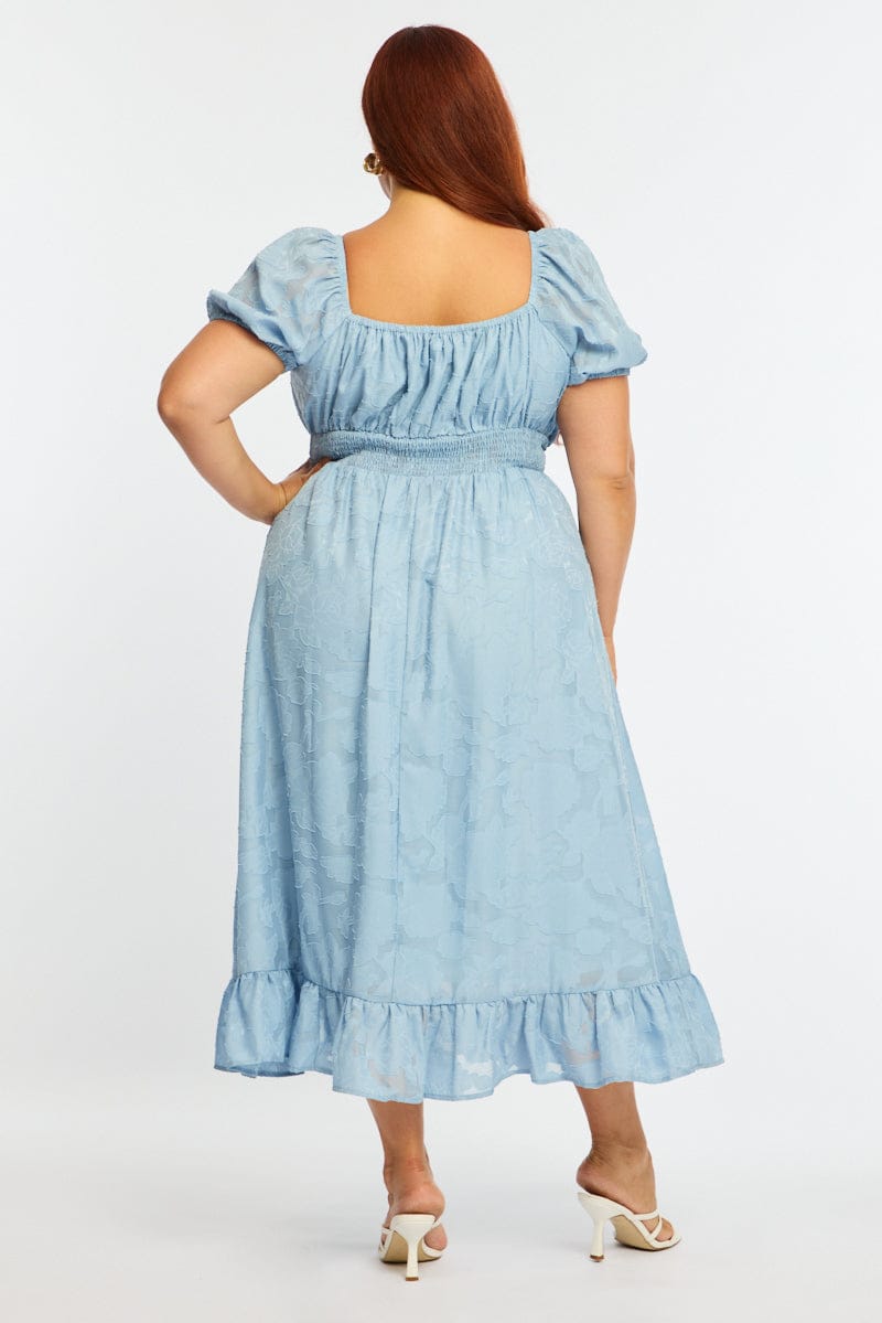 Blue Midi Dress Short Sleeve Jacquard for YouandAll Fashion