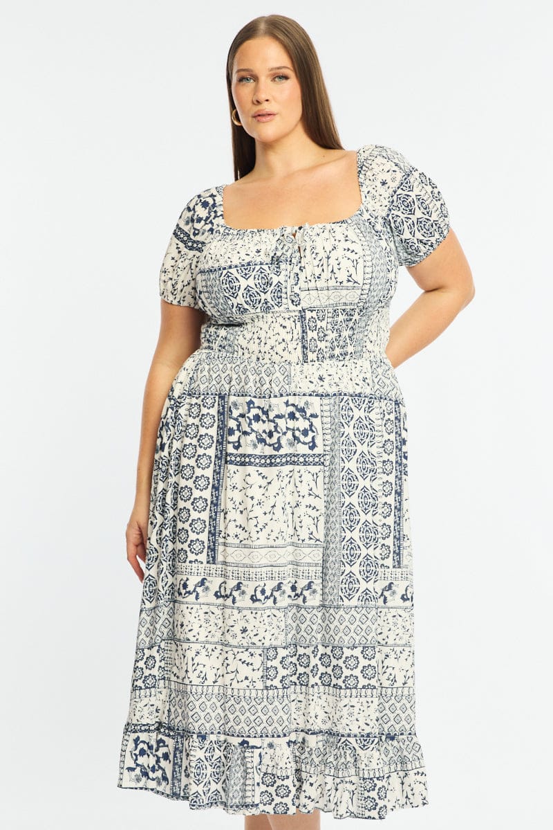 Blue Boho Maxi Dress Short Sleeve Linen Blend for YouandAll Fashion