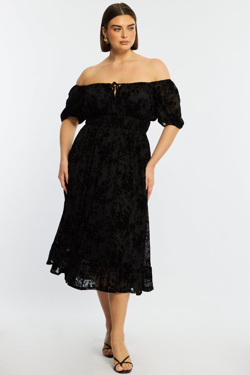 Black Floral Midi Dress Short Sleeve Mesh for YouandAll Fashion