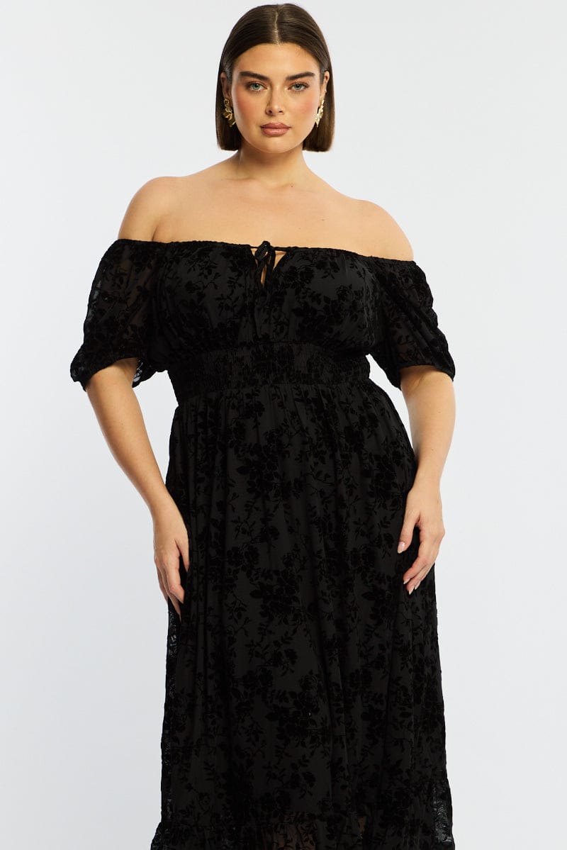 Black Floral Midi Dress Short Sleeve Mesh for YouandAll Fashion