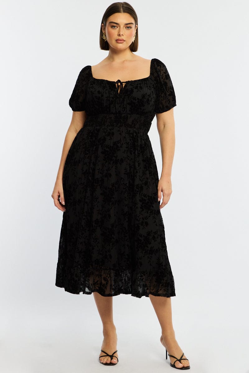 Black Floral Midi Dress Short Sleeve Mesh