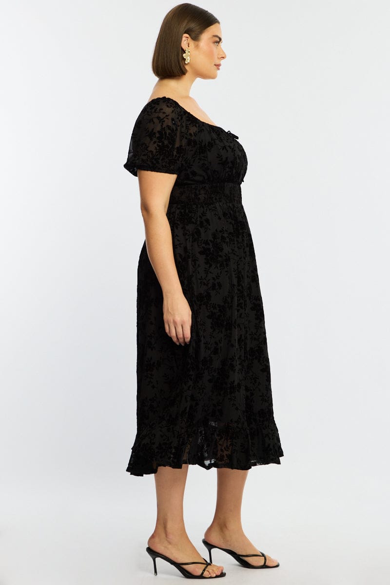 Black Floral Midi Dress Short Sleeve Mesh for YouandAll Fashion