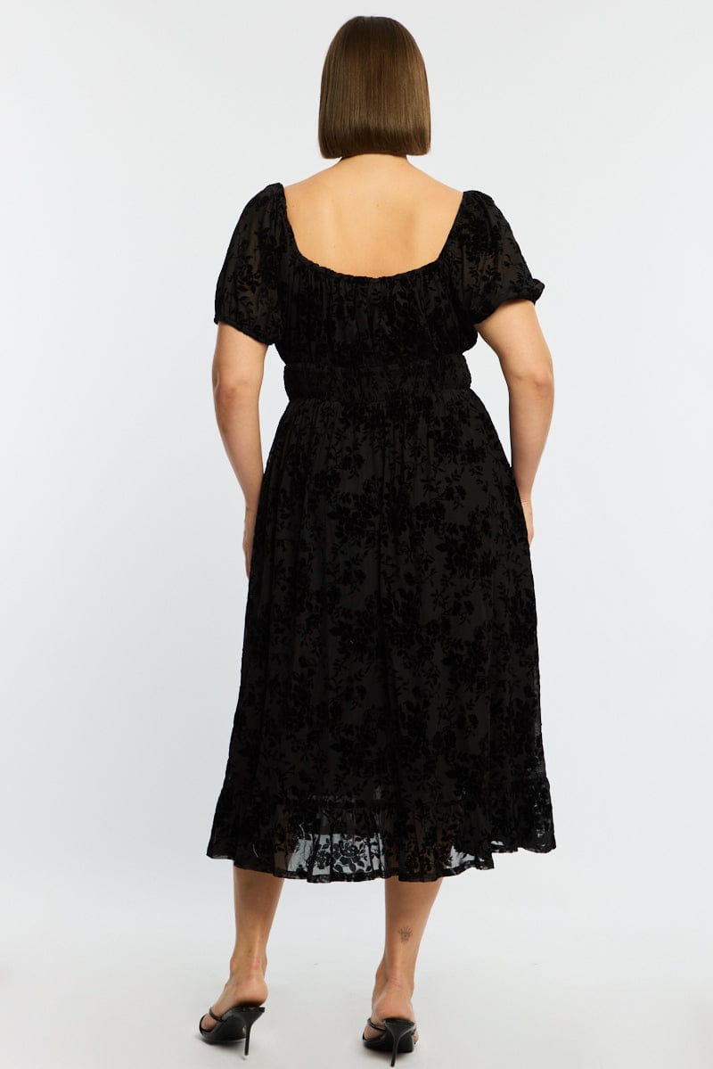 Black Floral Midi Dress Short Sleeve Mesh for YouandAll Fashion