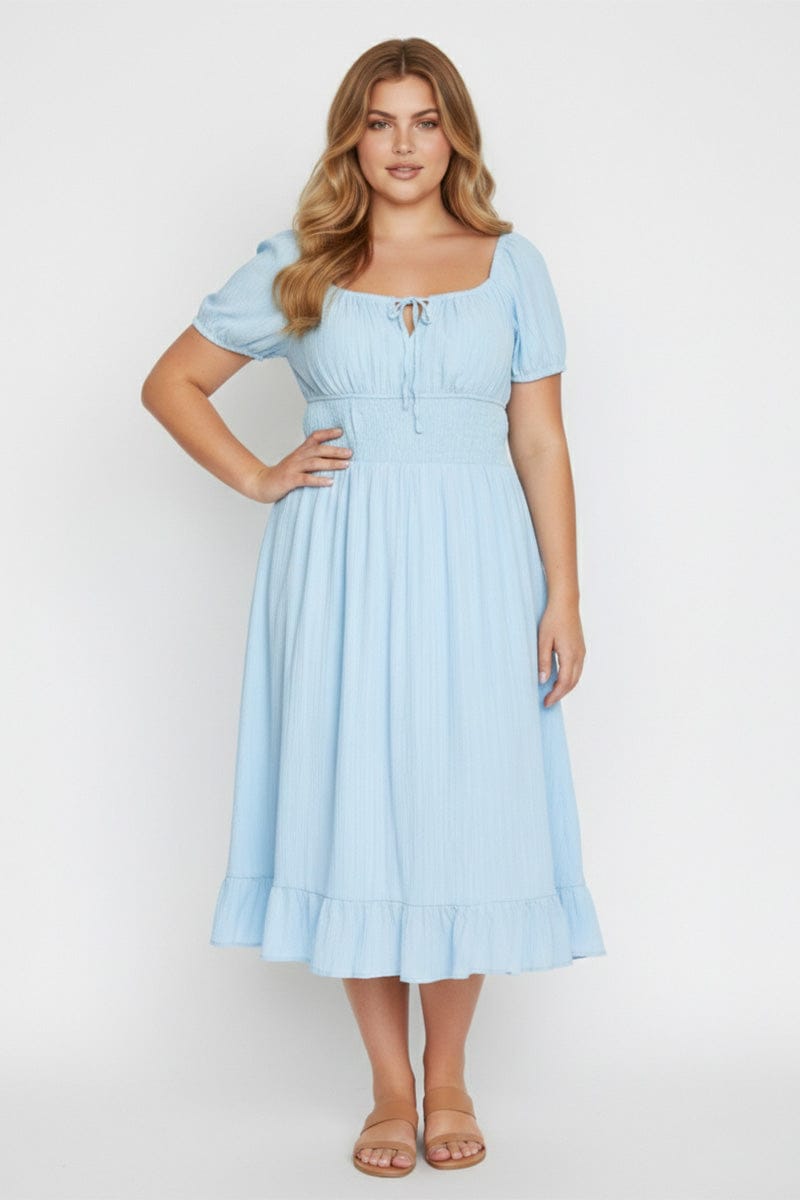 Blue Maxi Dress Short Sleeve Textured for YouandAll Fashion