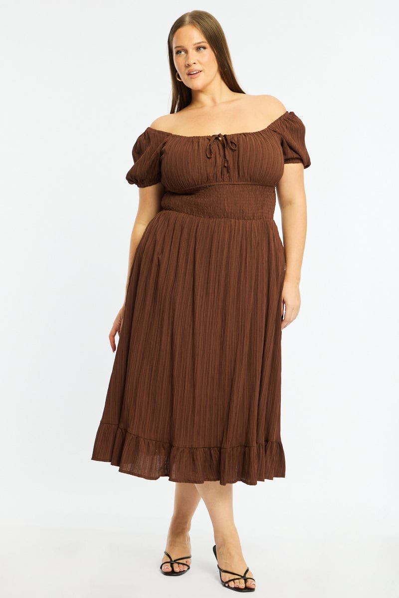 Brown Maxi Dress Short Sleeve Textured