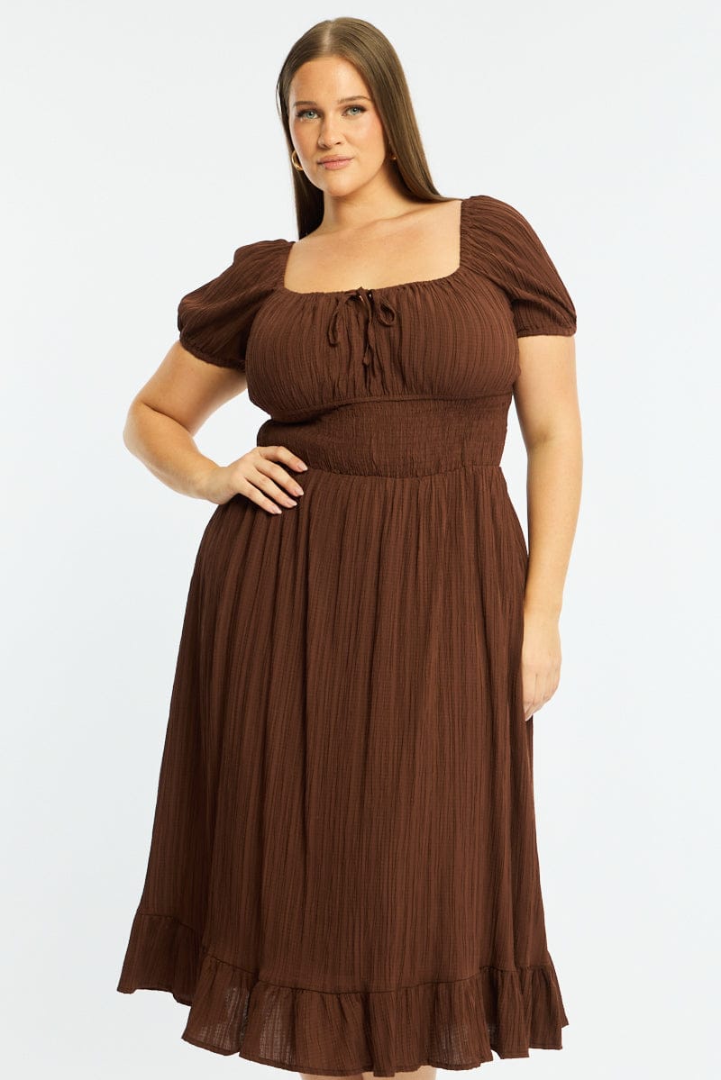 Brown Maxi Dress Short Sleeve Textured