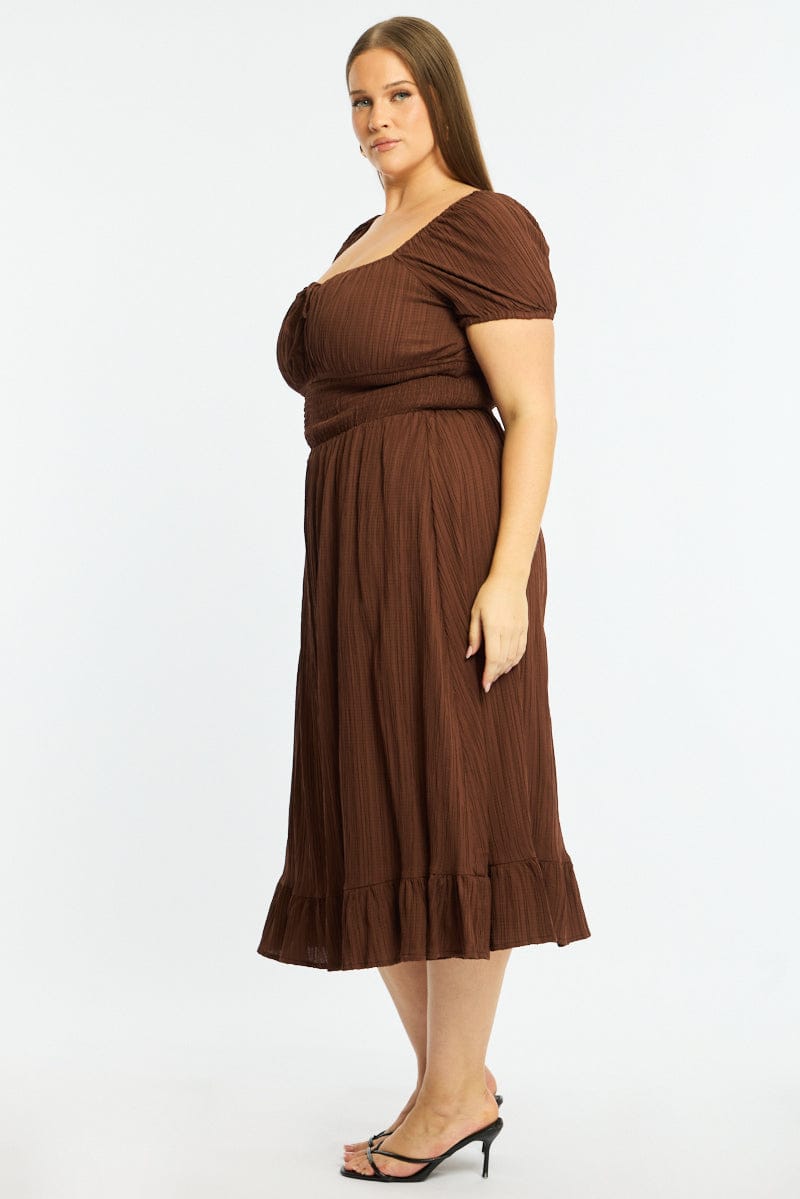 Brown Maxi Dress Short Sleeve Textured for YouandAll Fashion