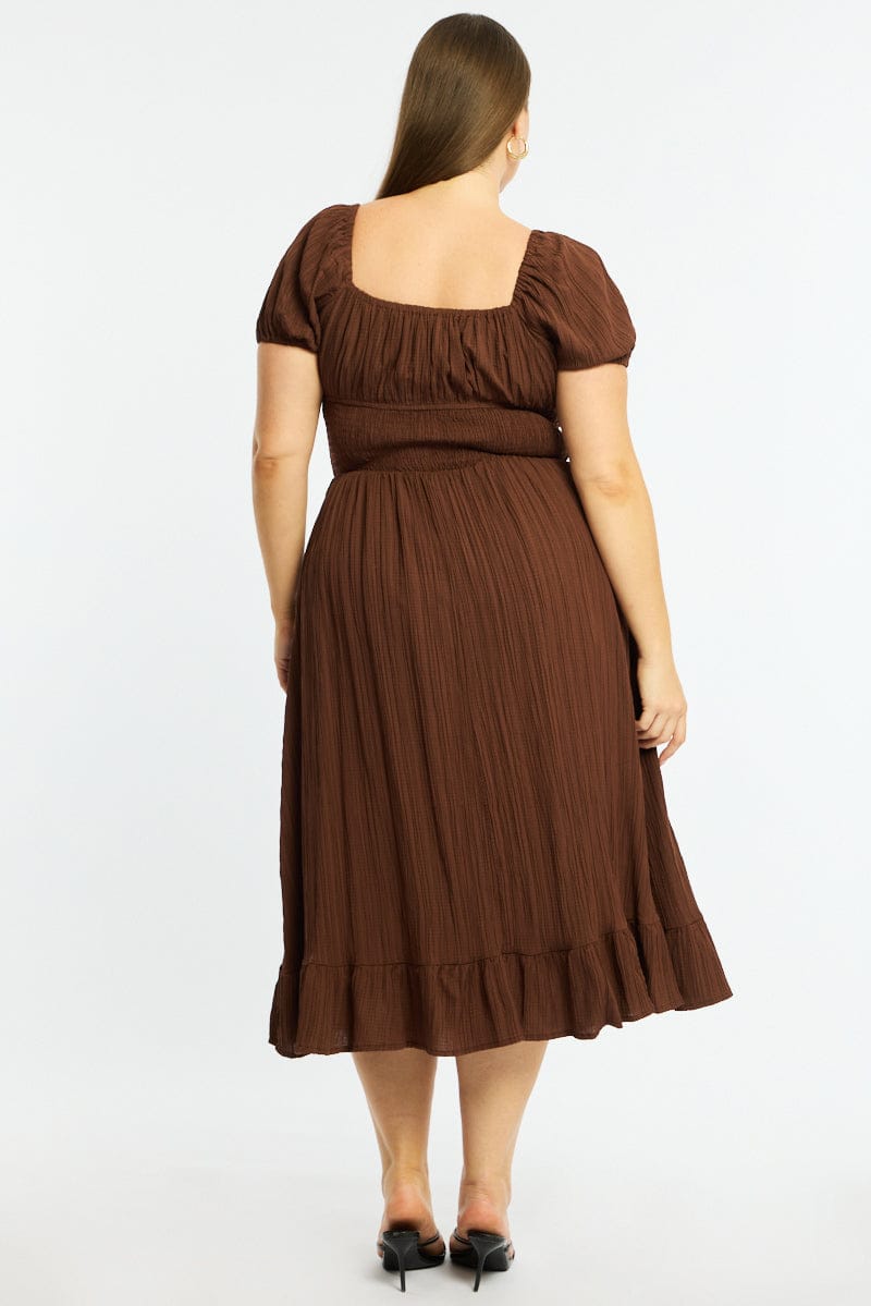 Brown Maxi Dress Short Sleeve Textured for YouandAll Fashion