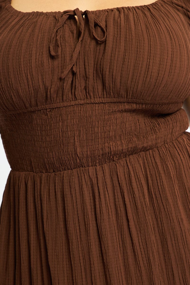 Brown Maxi Dress Short Sleeve Textured for YouandAll Fashion