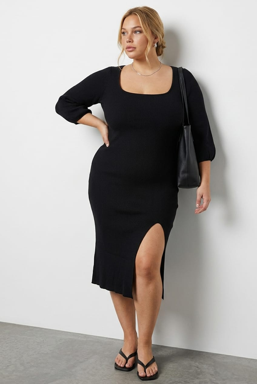 Black Midi Dress Long Balloon Sleeve Sexy Split Knit for YouandAll Fashion