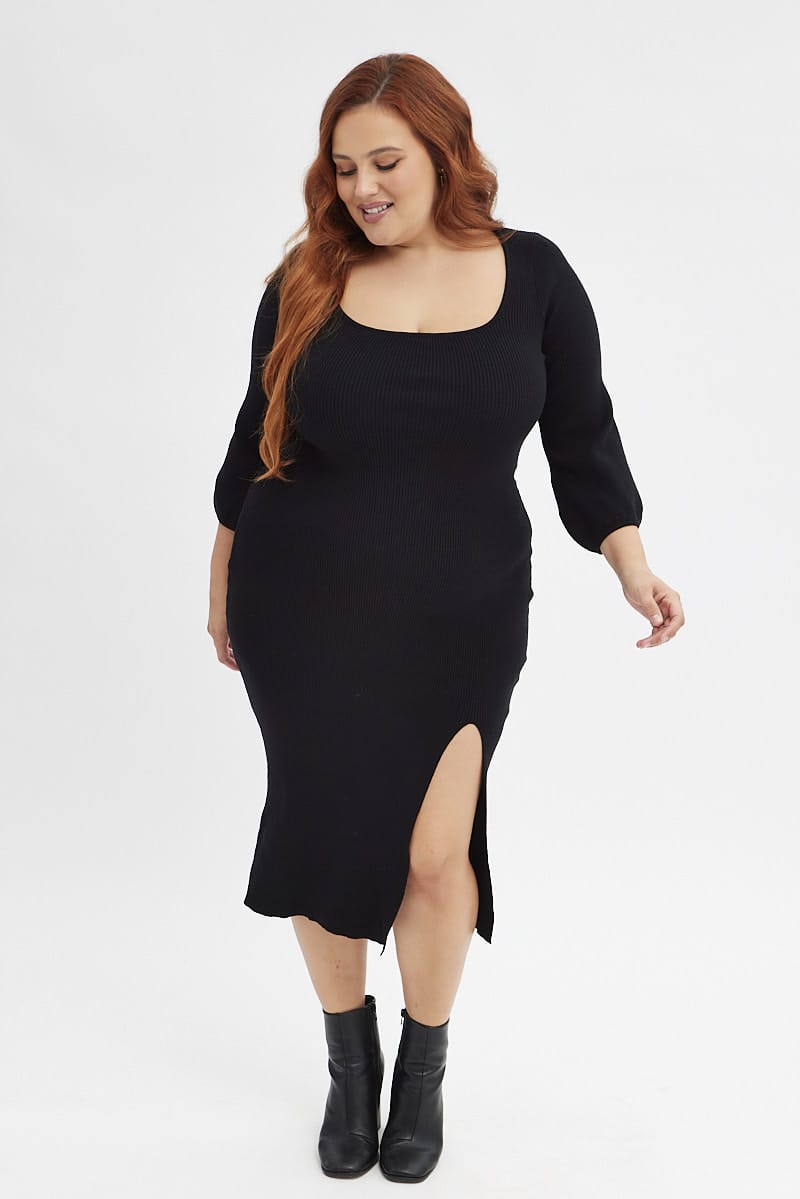 Black Midi Dress Long Balloon Sleeve Sexy Split Knit for YouandAll Fashion