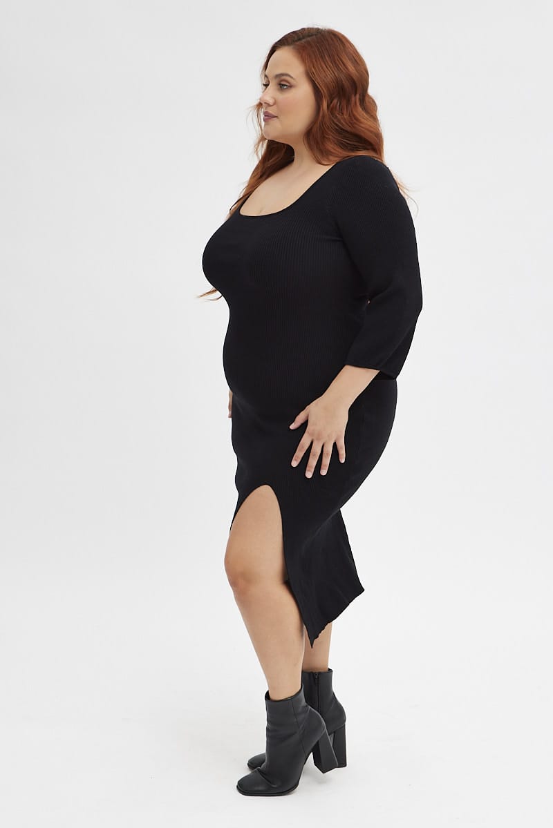 Black Midi Dress Long Balloon Sleeve Sexy Split Knit for YouandAll Fashion