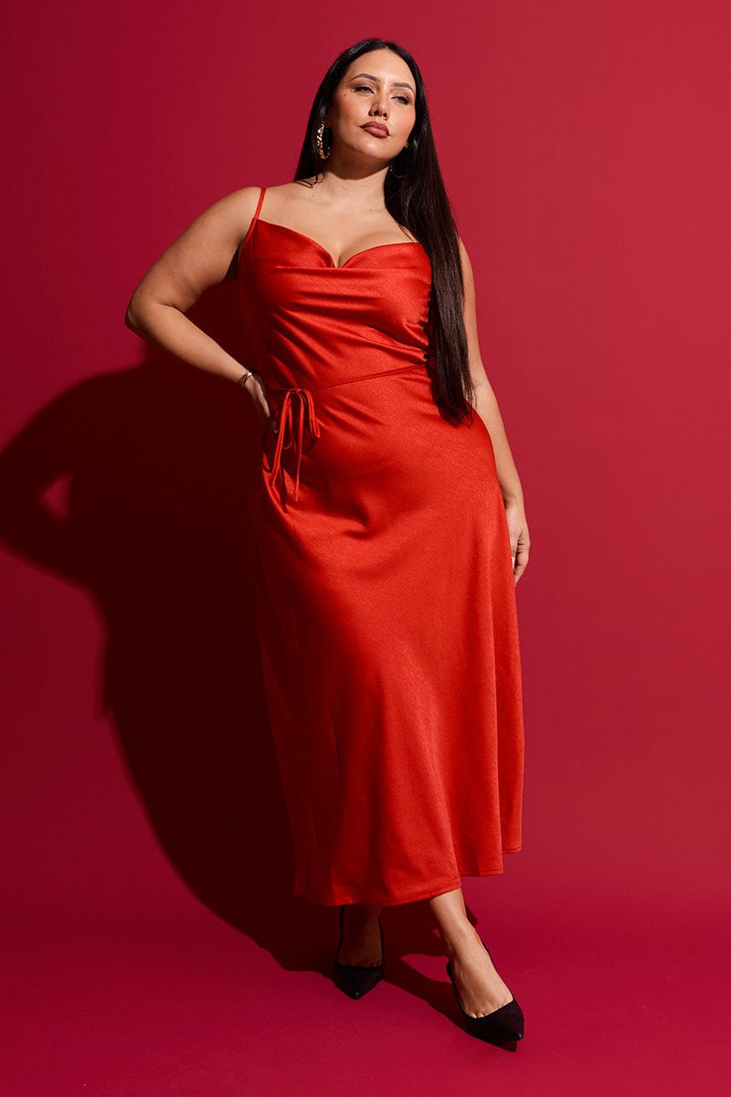 Red Strappy Cowl Neck Satin Bias Slip Dress | You & All