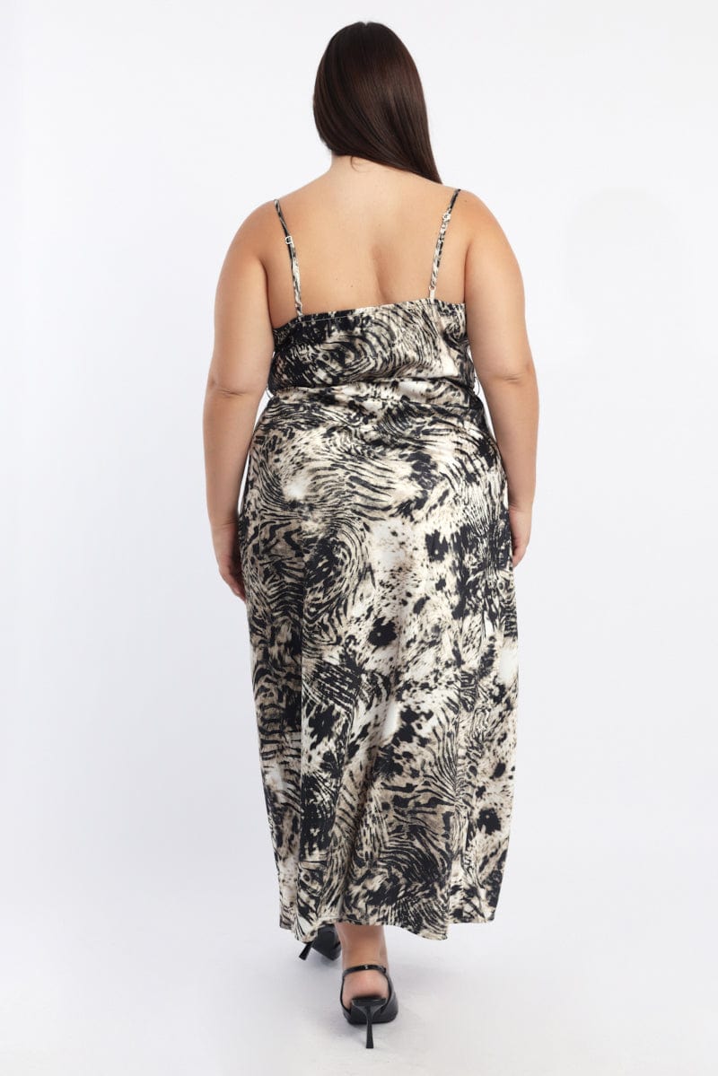 Black Animal Print Zebra Cowl Midi Dress