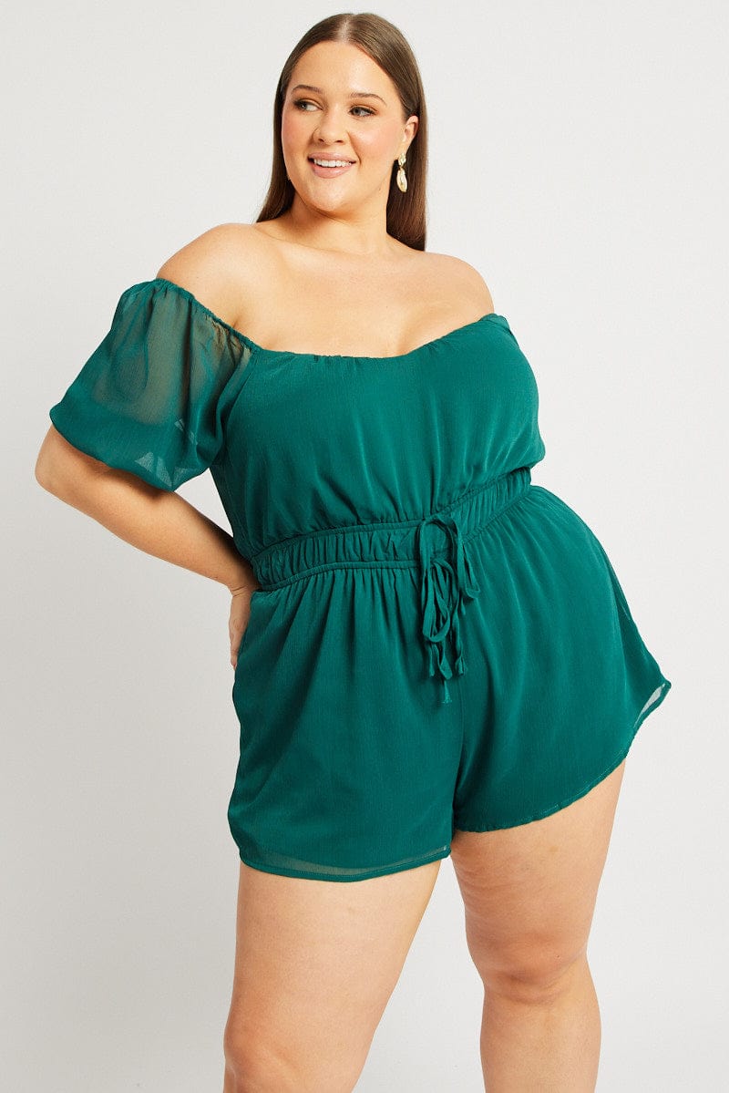 Green Short Sleeve Chiffon Double Tie Playsuit for YouandAll Fashion