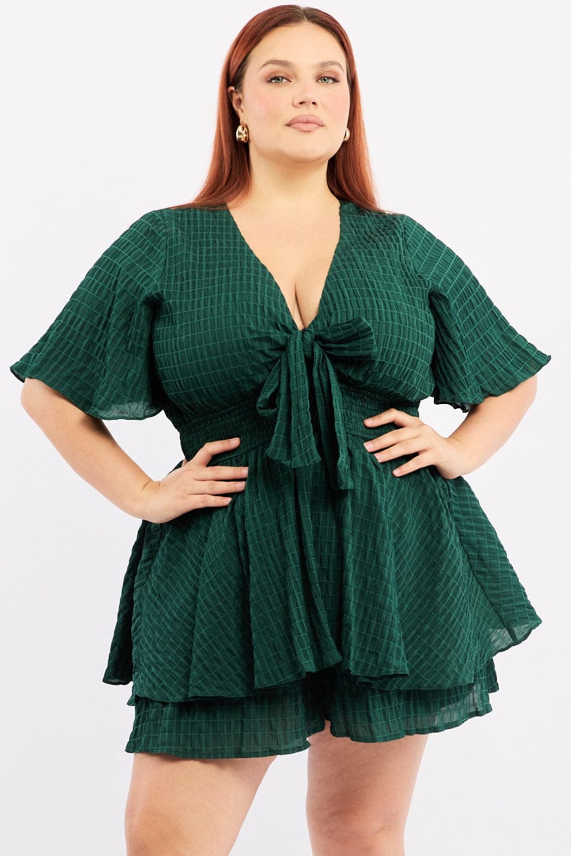Green Tie Front Playsuit Short Sleeve for YouandAll Fashion