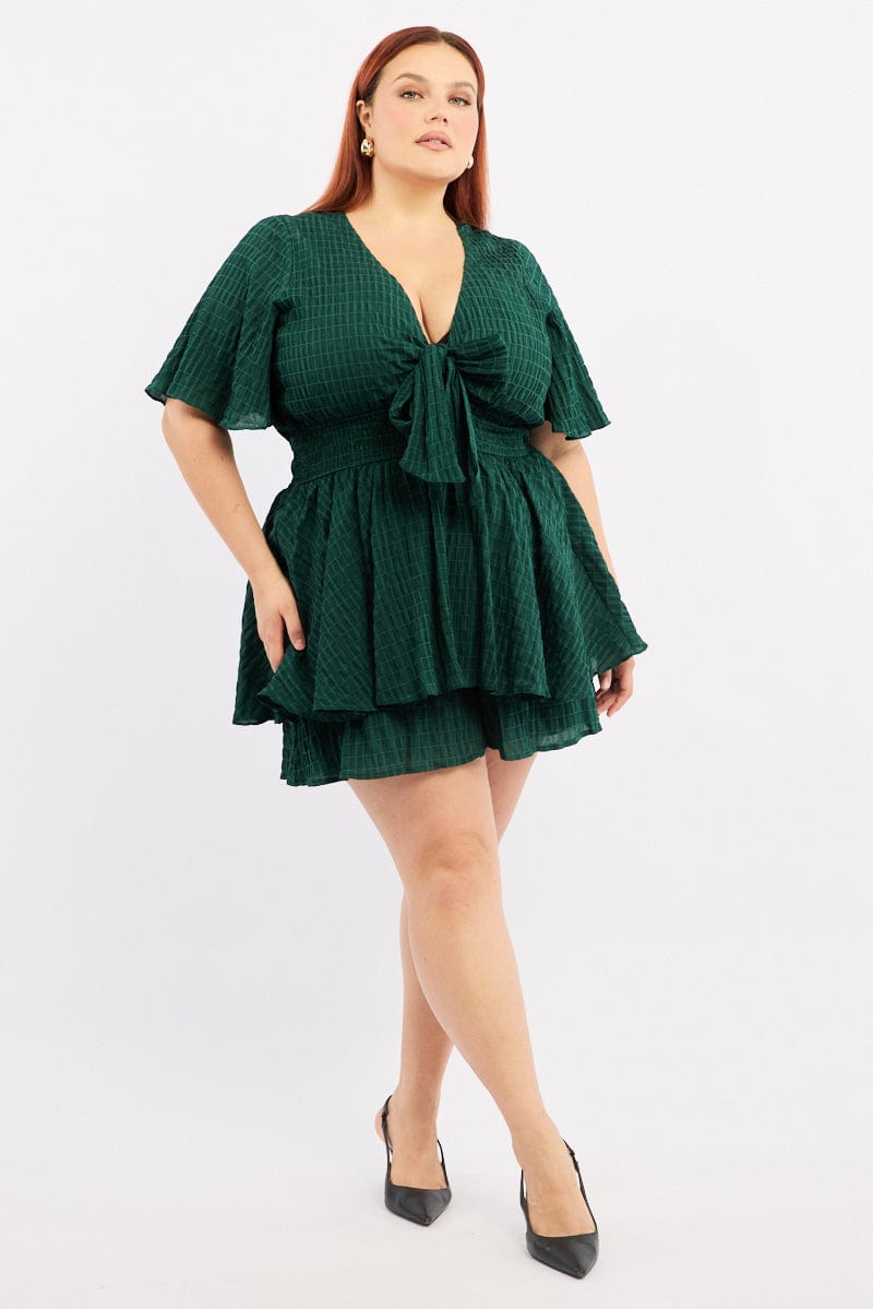 Green Tie Front Playsuit Short Sleeve for YouandAll Fashion