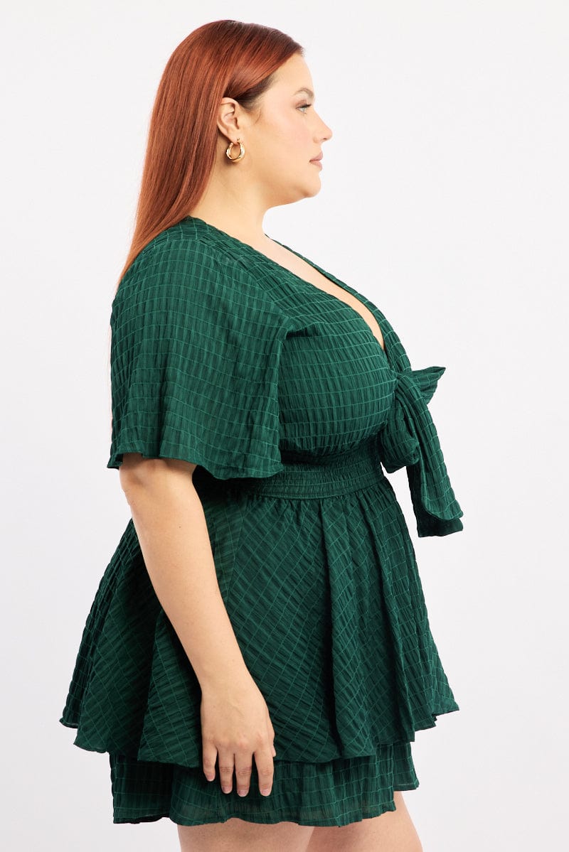 Green Tie Front Playsuit Short Sleeve for YouandAll Fashion